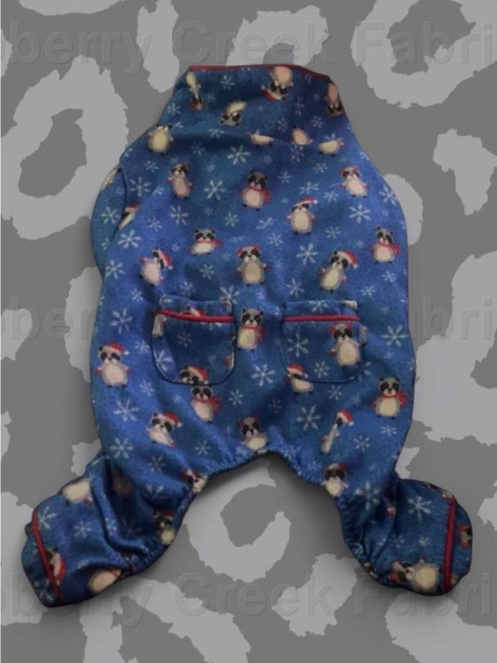 Blue Penguin Fleece Dog Pajamas with Red Trim